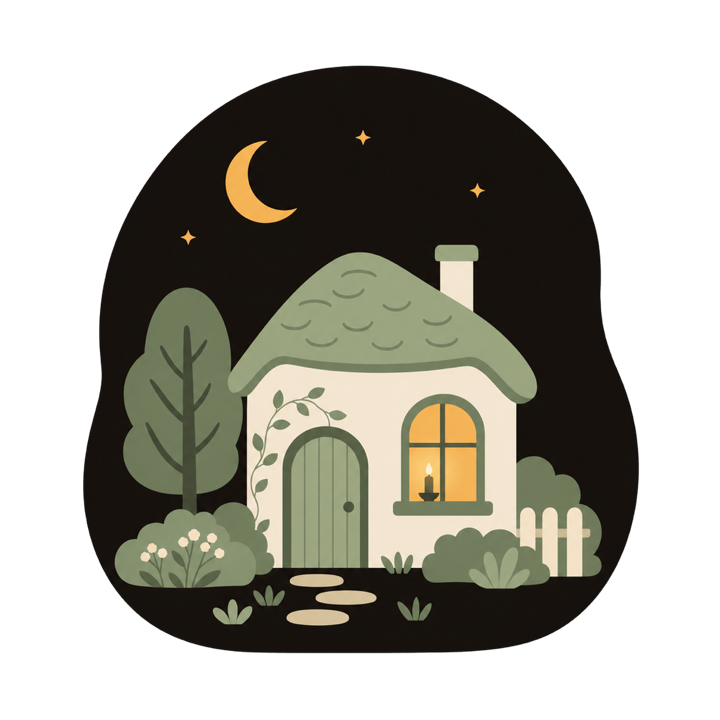 Una casita de noche con una ventana iluminada, cálida y serena