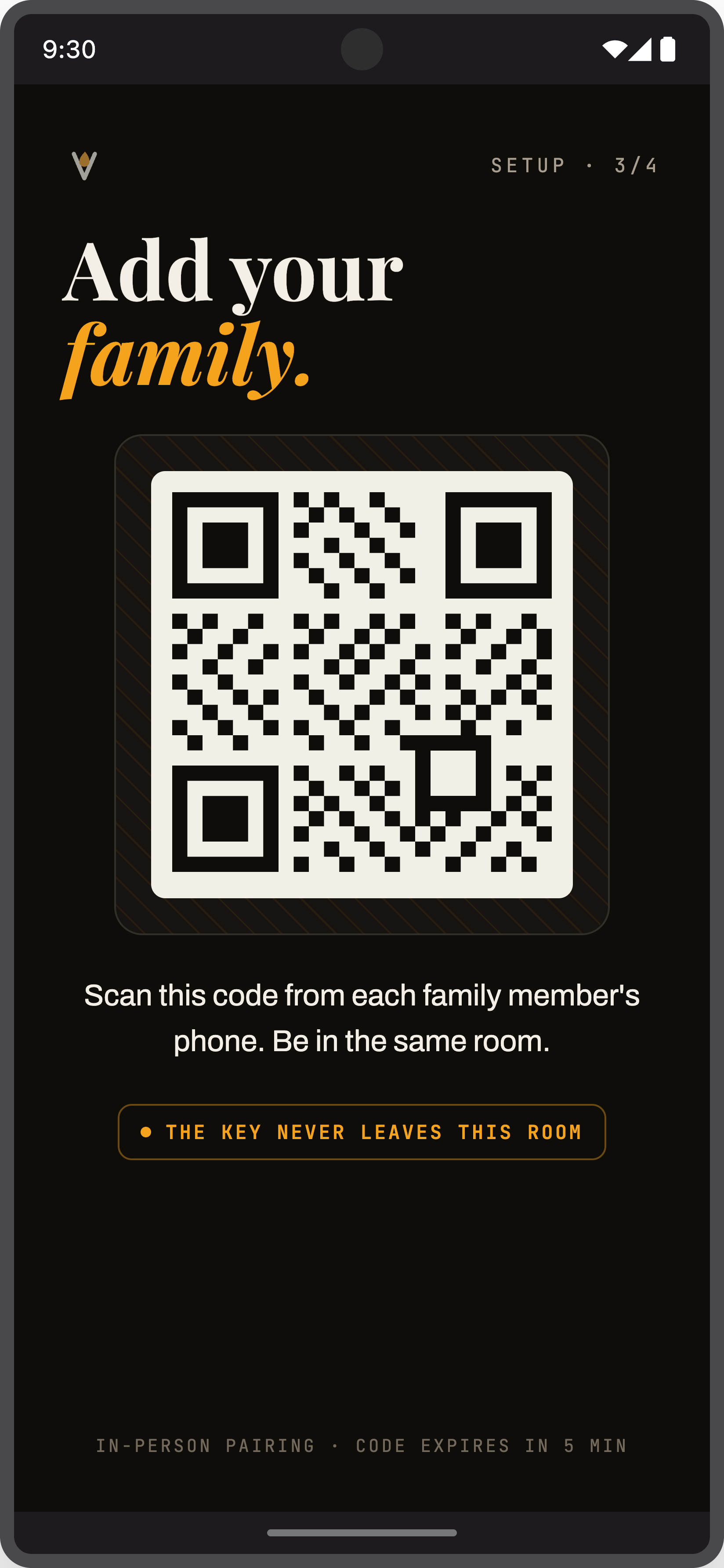 Actual Velia pairing screen with the QR used to link an authorized family phone.