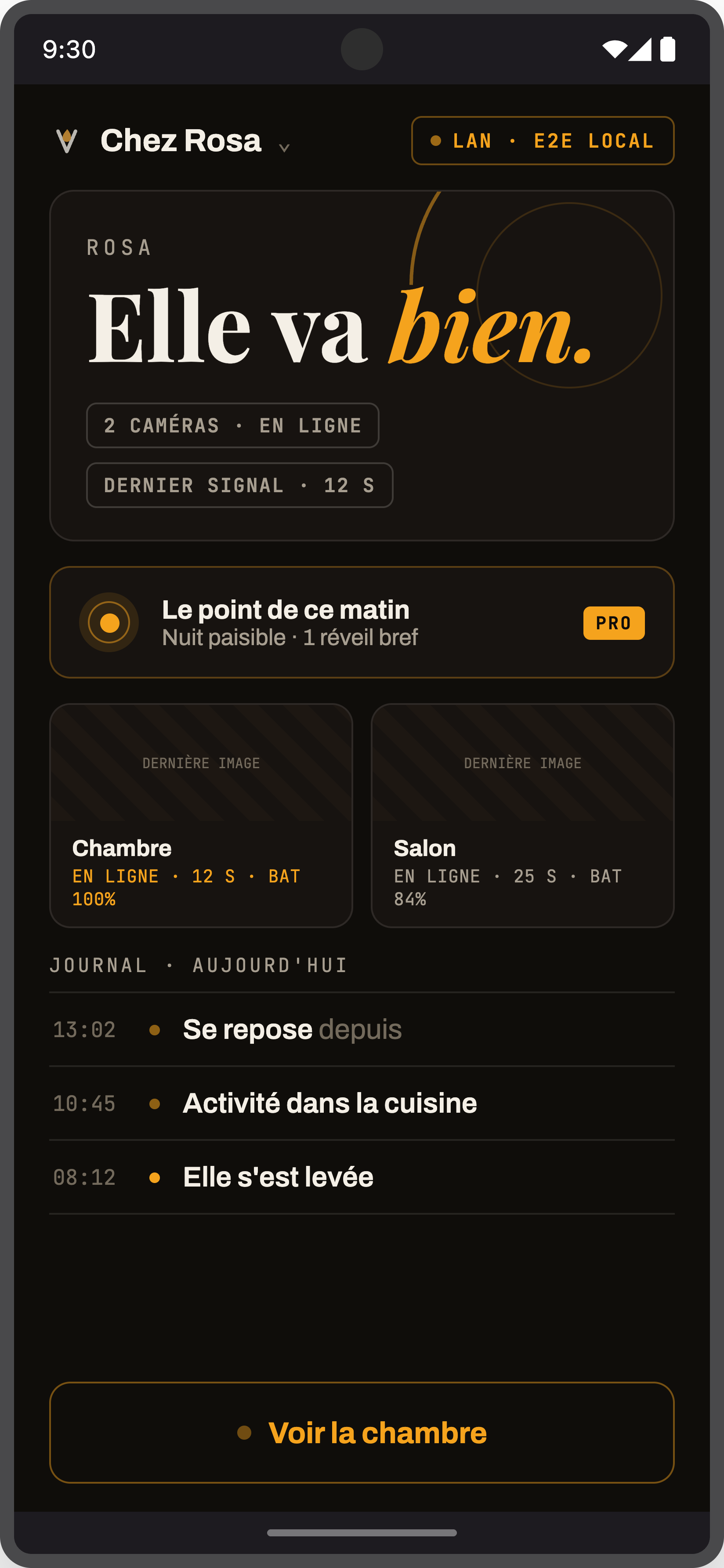 L'écran Famille : « Elle va bien », santé des caméras et journal du jour.
