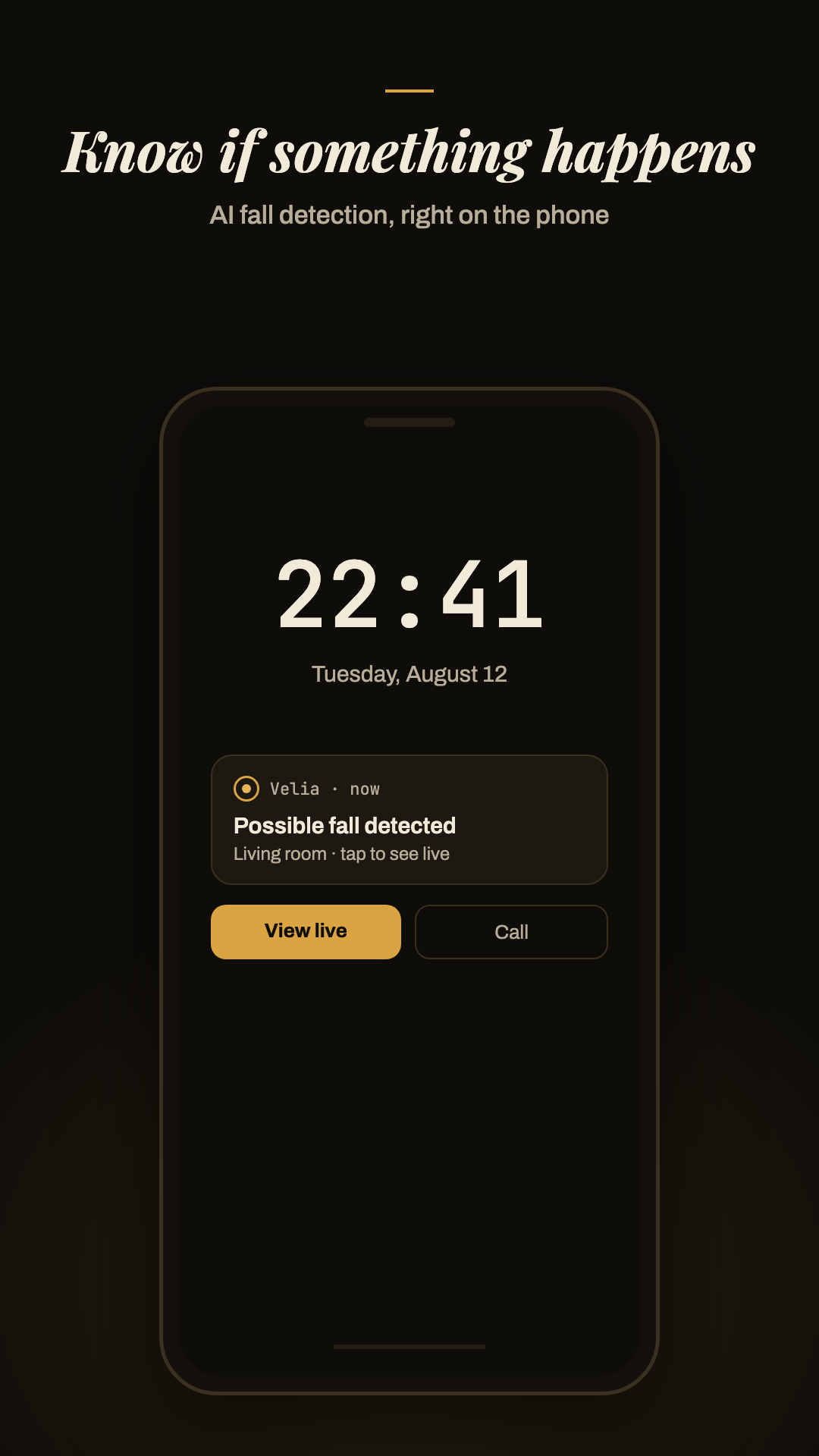 Real Velia fall-alert notification shown on the family phone lock screen.