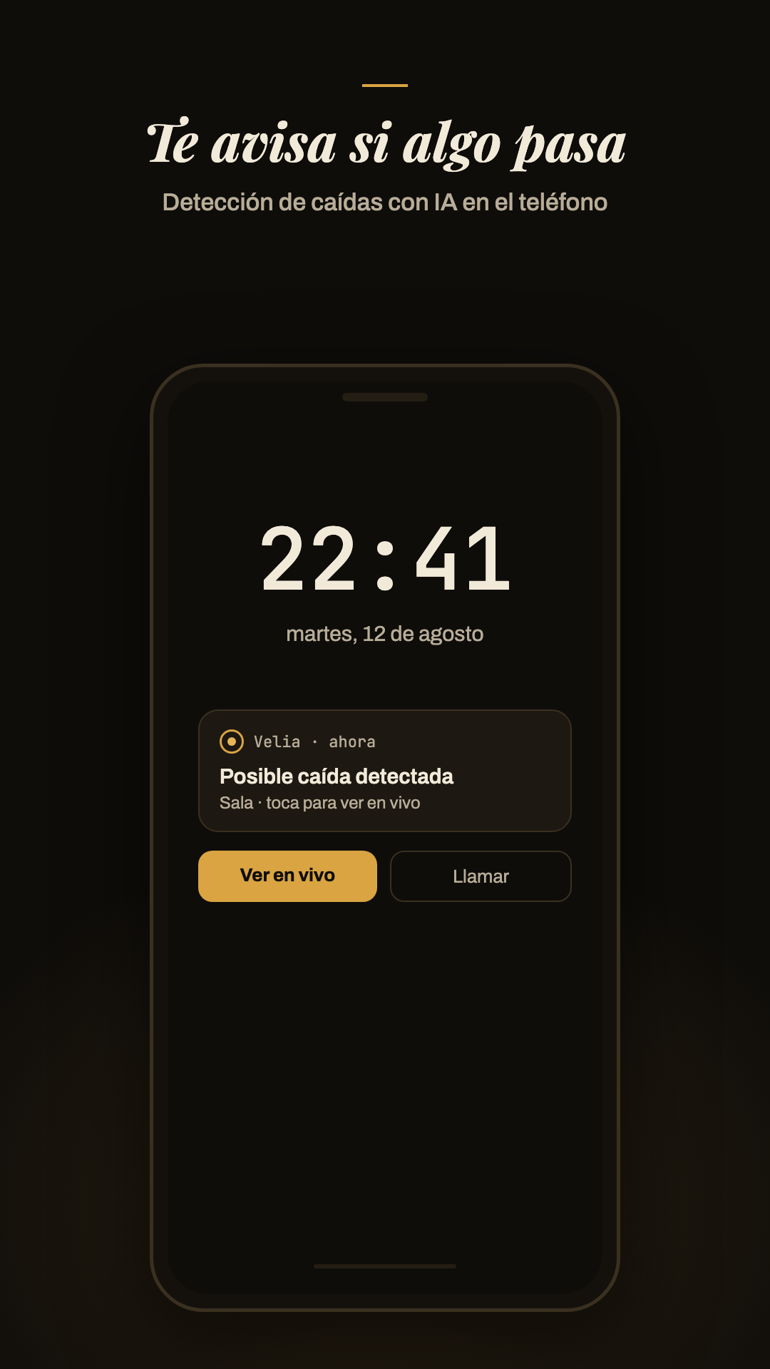 Notificación real de una posible caída de Velia en la pantalla bloqueada del teléfono familiar.